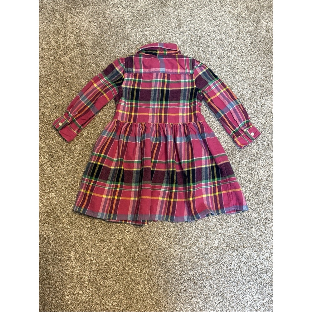 Polo Ralph Lauren Shirt Dress‎ Girls Pink Plaid 18 Month Button Up Pockets Tie - Picture 3 of 7